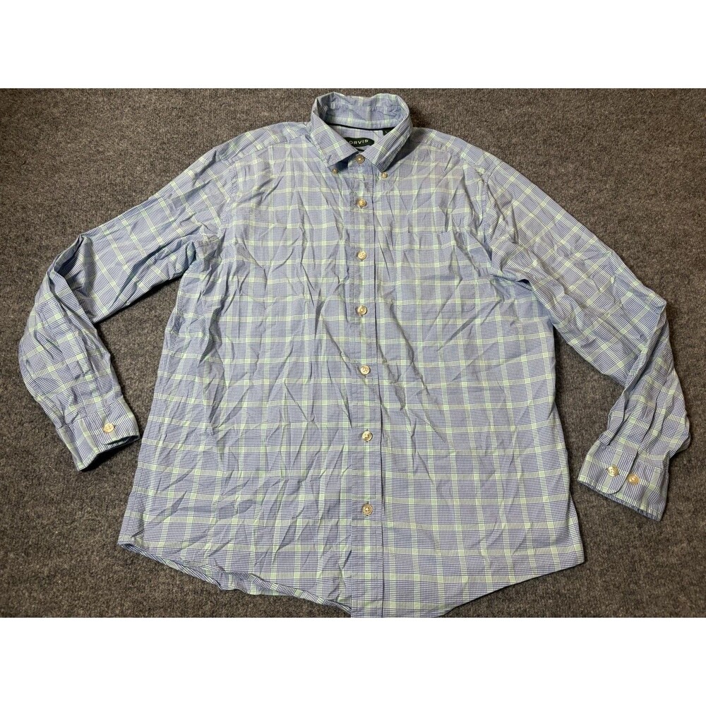 Orvis Shirt Mens L Blue Check Long Sleeve Classic Fit Stretch Button-Down Casual